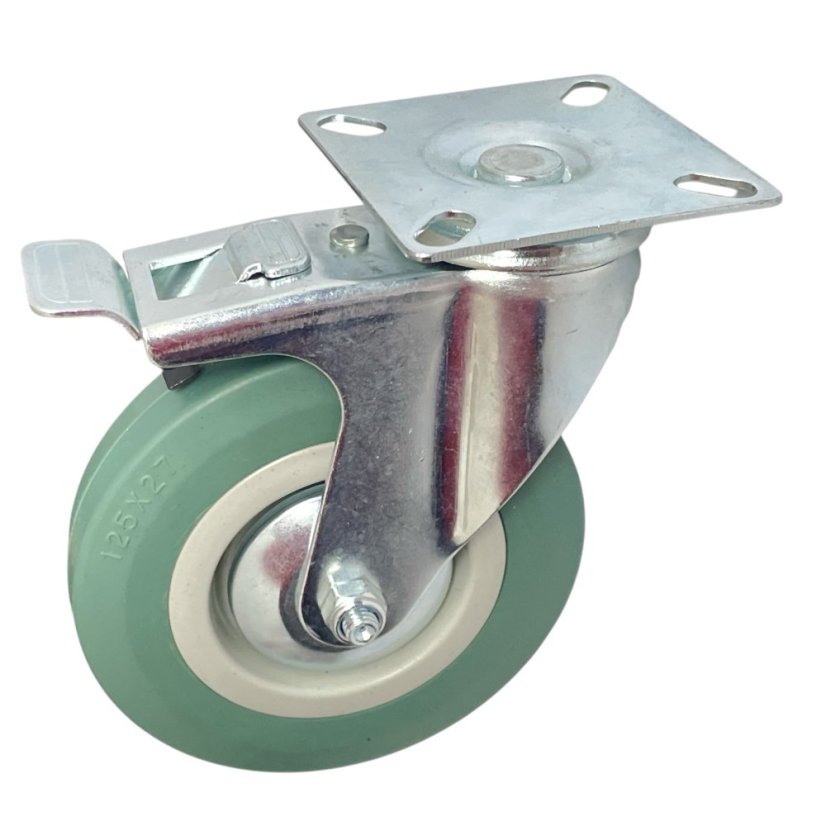 Otočné pojezdové kolo s brzdou d125/80kg, šedý kaučuk, kluzné ložisko