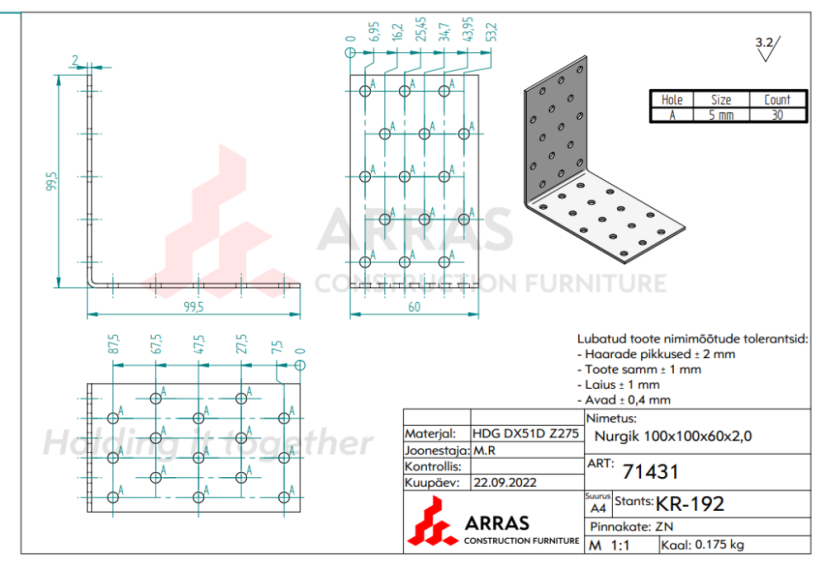 KM11 / KM 15  Úhelník montážní tesařský 100x100x60x2mm