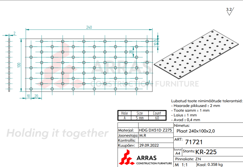 PP13 / PP24 Destička perforovaná 100x240x2mm tesařská spojka děrovaná pozinkovaná CE