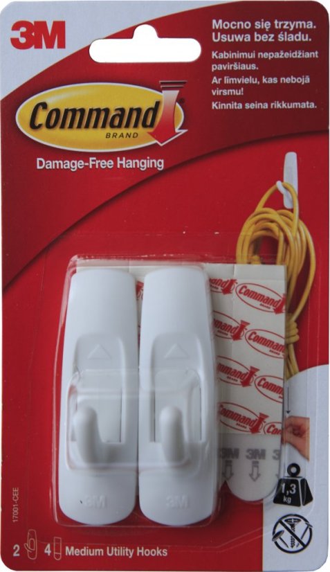 3M Command 17001 Standardní plastové háčky střední 2ks, lepicí pásky 4ks