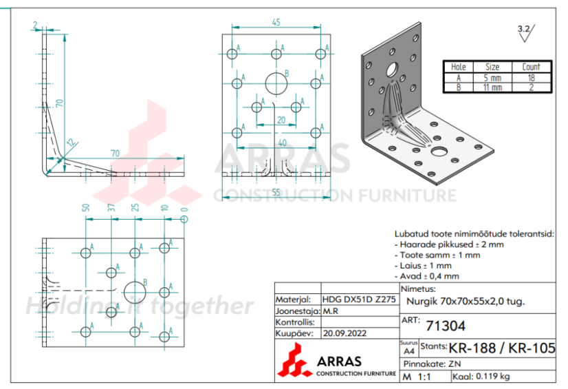 KPL 4 Stavební Úhelník tesařský s prolisem 70x70x55x2mm