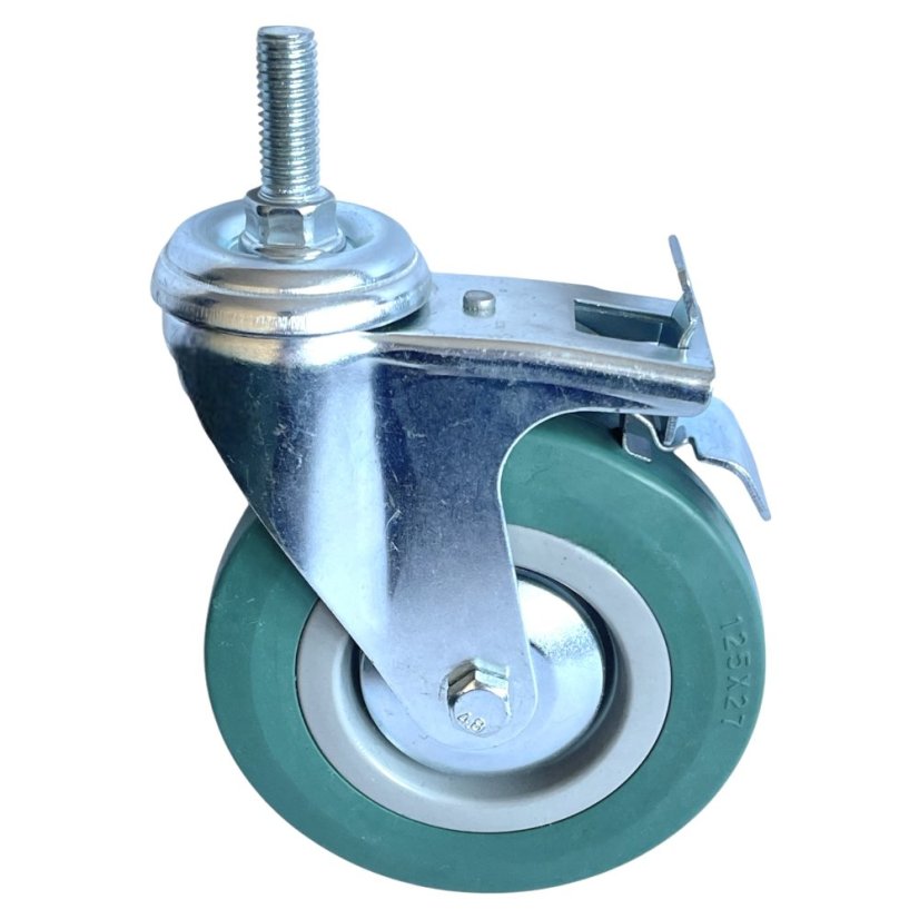 Otočné pojezdové kolo s brzdou d125/80kg, šedý kaučuk, kluzné ložisko, čep M12