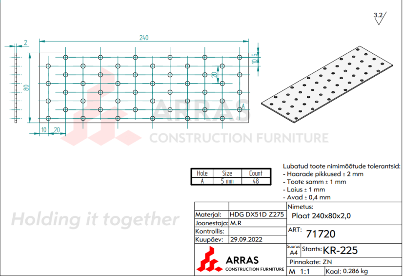 PP10 / PP18 Destička perforovaná 80x240x2mm tesařská spojka děrovaná pozinkovaná CE
