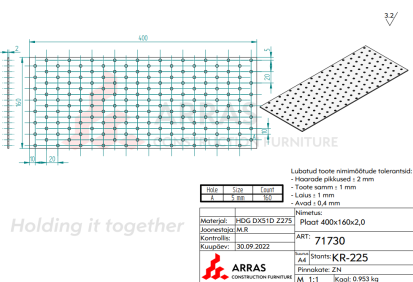 PP23 / PP34 Destička perforovaná 160x400x2mm tesařská spojka děrovaná pozinkovaná CE