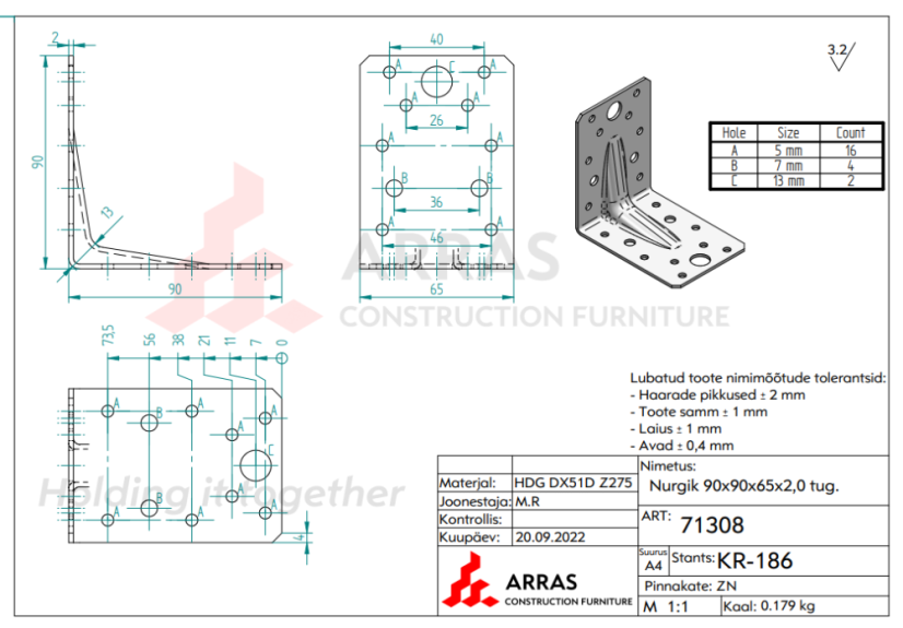 KPL 1 Stavební Úhelník tesařský s prolisem 90x90x65x2mm