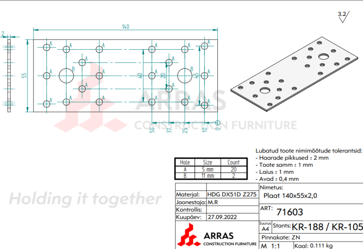 LP2/ LP5 Łącznik płaski 55x140x2,0mm