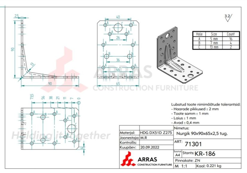 KP 1 Budowlany kątownik ciesielski z przetłoczeniem 90x90x65x2,5mm