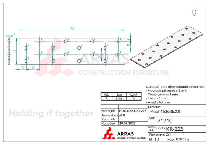 PP4 Tesařská spojka Destička perforovaná 40x160x2mm