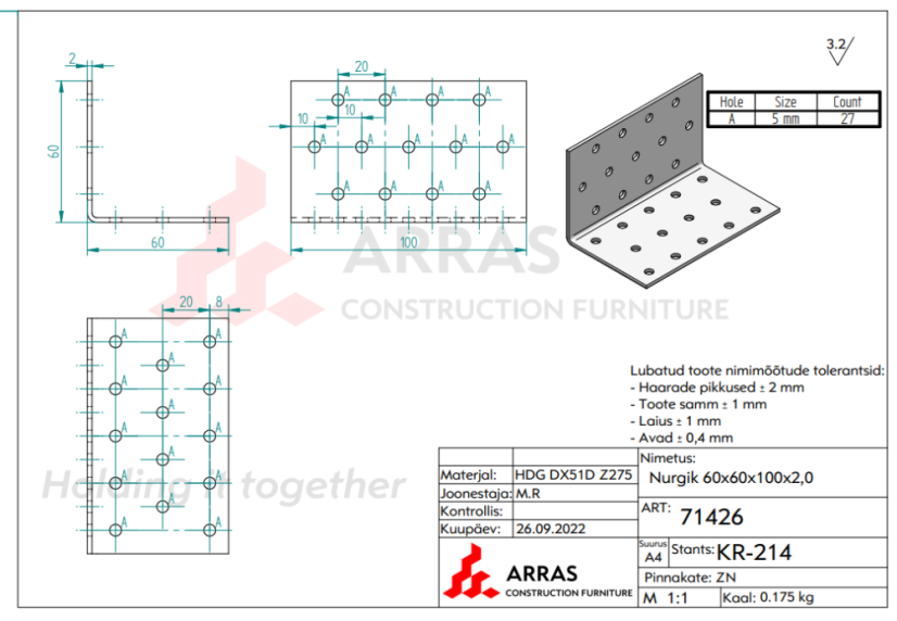 KM6 / KM10 Úhelník montážní tesařský 60x60x100x2mm