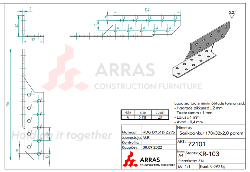 Trámová spojka pravá LK2-P 170x32x2mm