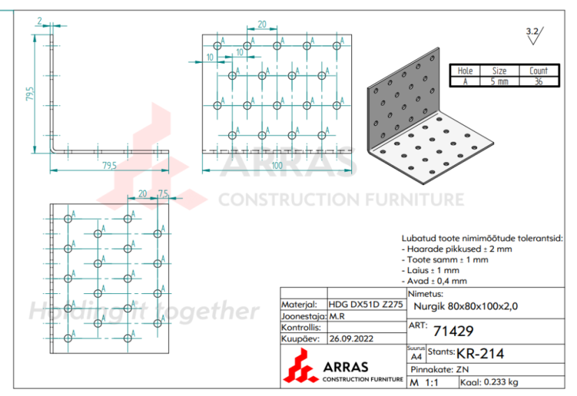 KM10 / KM 14 Úhelník montážní tesařský 80x80x100x2mm