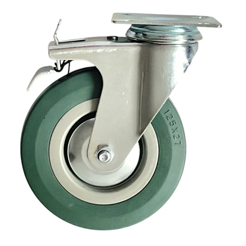 Otočné pojezdové kolo s brzdou d125/80kg, šedý kaučuk, kluzné ložisko