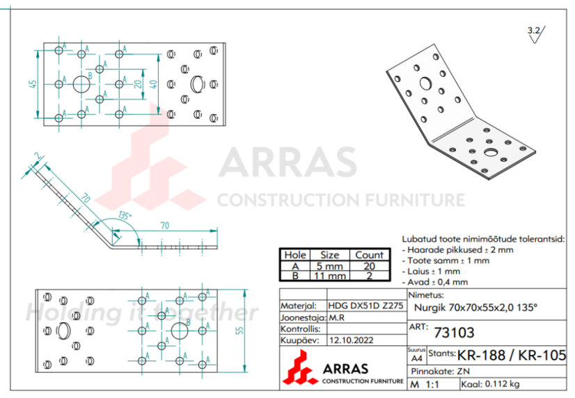 KLR 2 Úhelník spojovací 135° 70x70x55x2,5