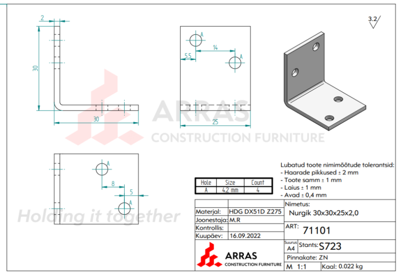 KSB 2 Montážní Úhelník široký nábytkový 30x30x25x2,0mm