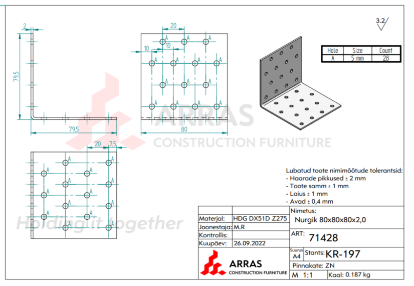 KM9 / KM13 Úhelník montážní tesařský 80x80x80x2mm