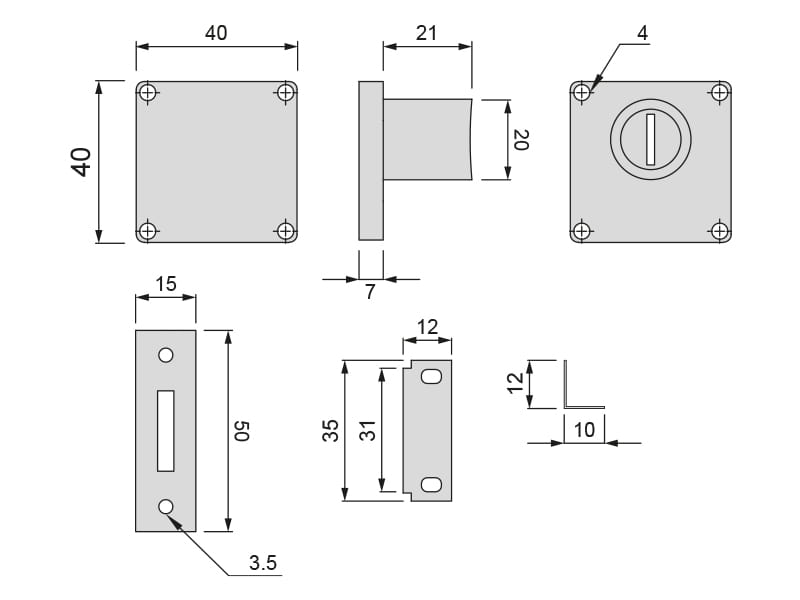 Zámek nábytkový 40x40 d19 138x22