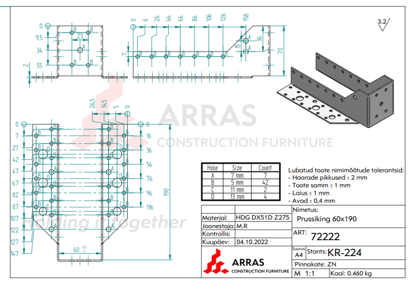 Trámová botka otevřená WB60-190 60x190x2.0mm