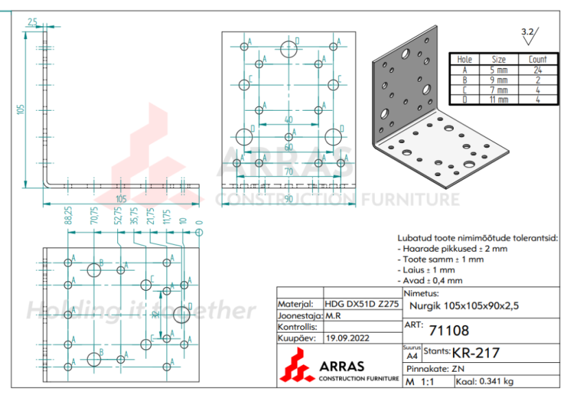 KL 5E / KL 10 Úhelník spojovací tesařský 105x105x90x2,5mm