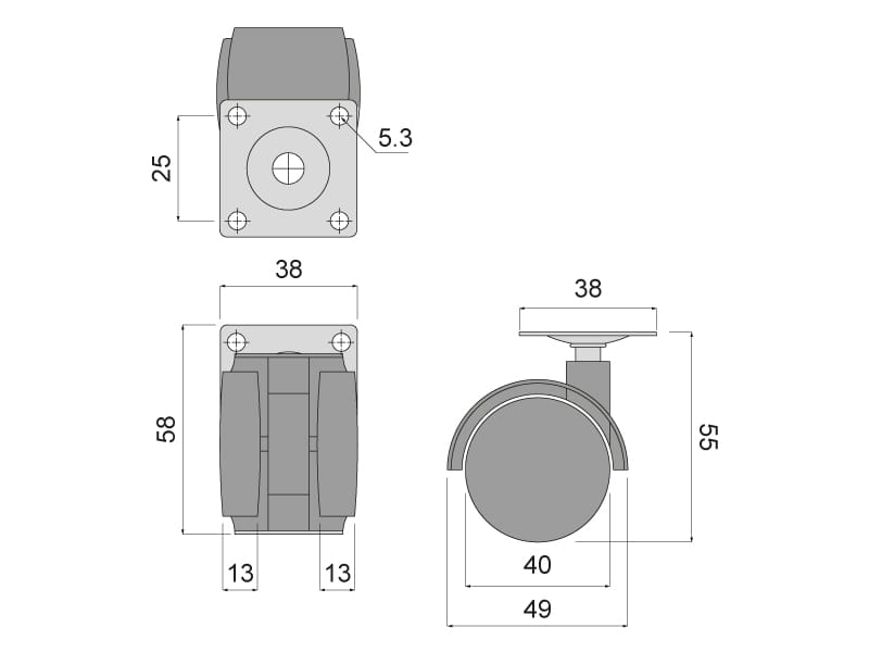 Kolečko otočné d40 s montážní deskou