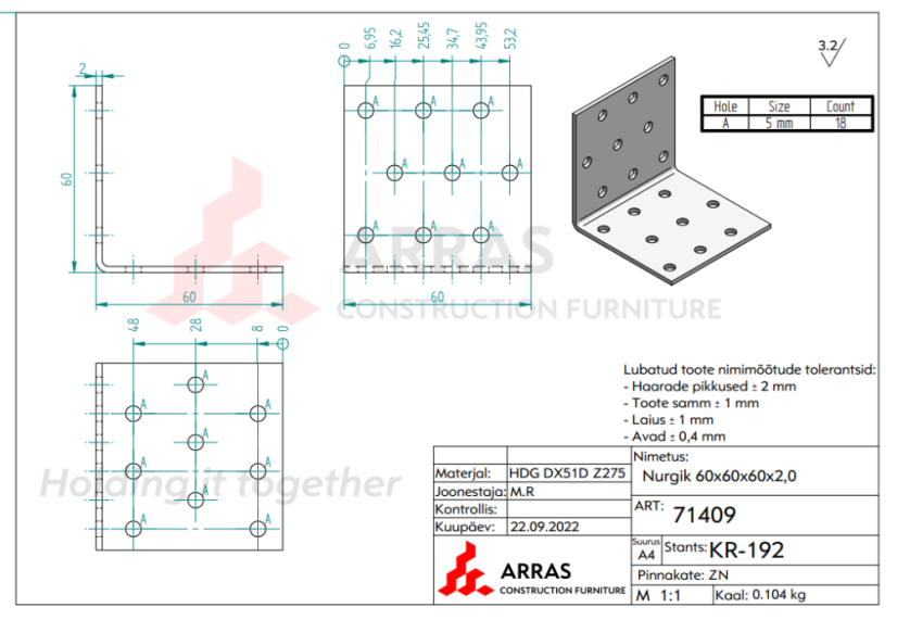 KM4 / KM 8 Úhelník montážní tesařský 60x60x60x2mm