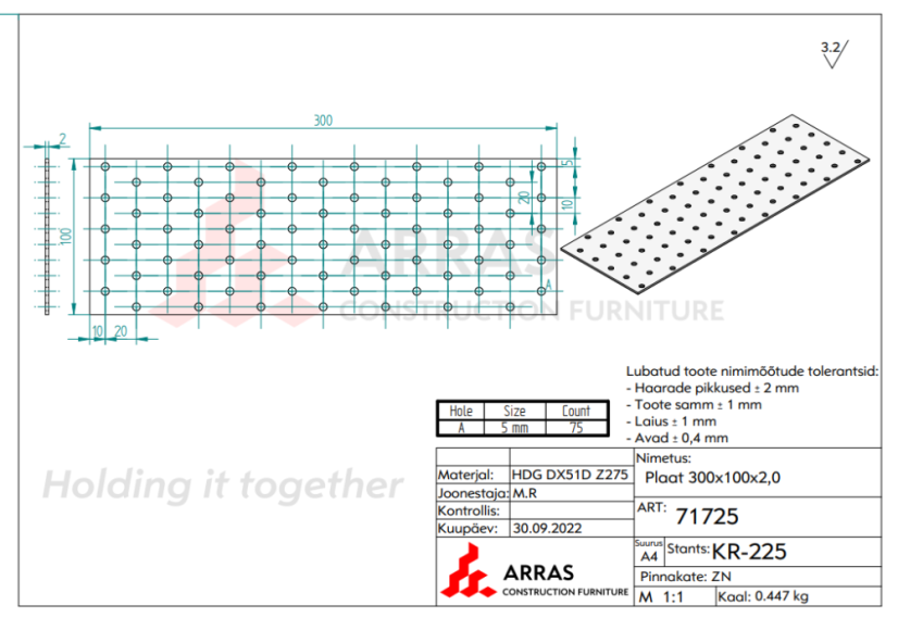 PP15 / PP26 Destička perforovaná 100x300x2mm tesařská spojka děrovaná pozinkovaná CE