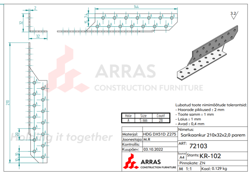 Trámová spojka pravá LK4-P 210x32x2mm