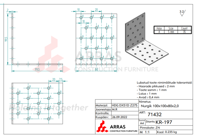 KM12 / KM 16 Úhelník montážní tesařský 100x100x80x2mm
