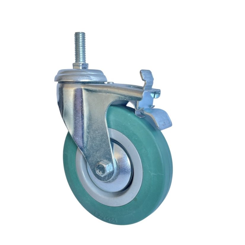 Otočné pojezdové kolo s brzdou d125/80kg, šedý kaučuk, kluzné ložisko, čep M12