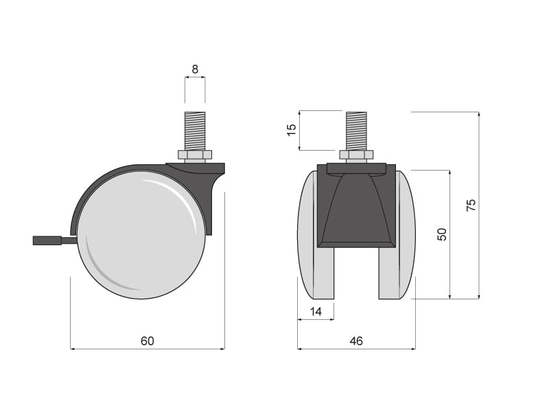 Kolečko otočné d50 s čepem M8 a brzdou