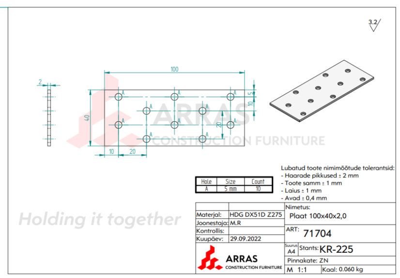 PP2 Destička perforovaná 40x100x2mm tesařská spojka děrovaná pozinkovaná CE