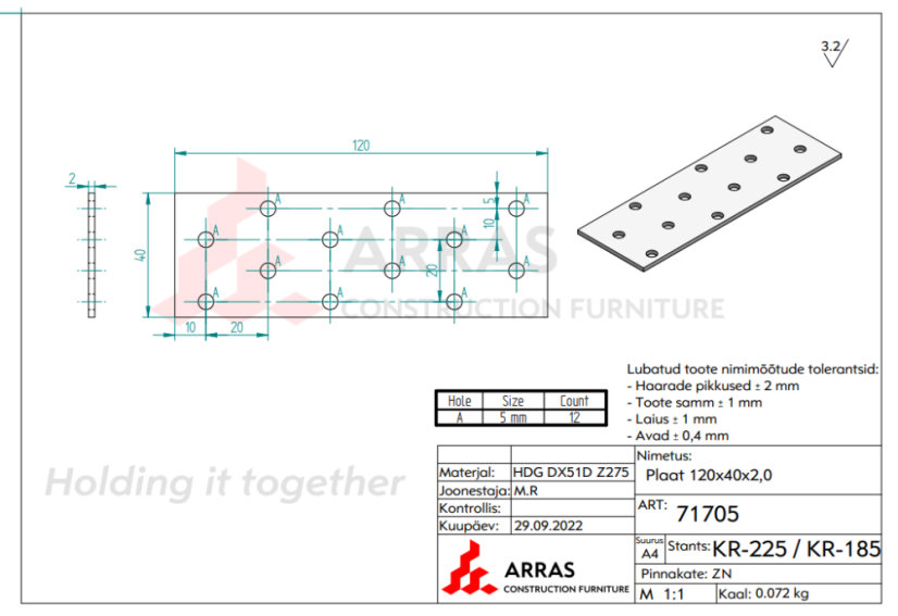 PP3 Destička perforovaná 40x120x2mm tesařská spojka děrovaná pozinkovaná CE
