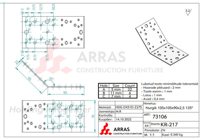 KLR 5 Úhelník spojovací 135° 105x105x90x2,5