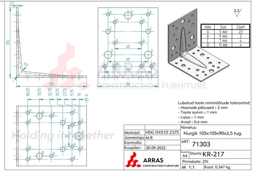 KP 2E / KP 2 Stavební Úhelník tesařský s prolisem 105x105x90x2,5mm