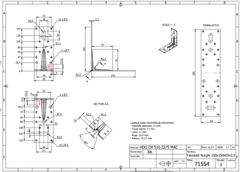 KP 5 / KP 9 Stavební Úhelník tesařský s prolisem 150x150x65x2,5mm