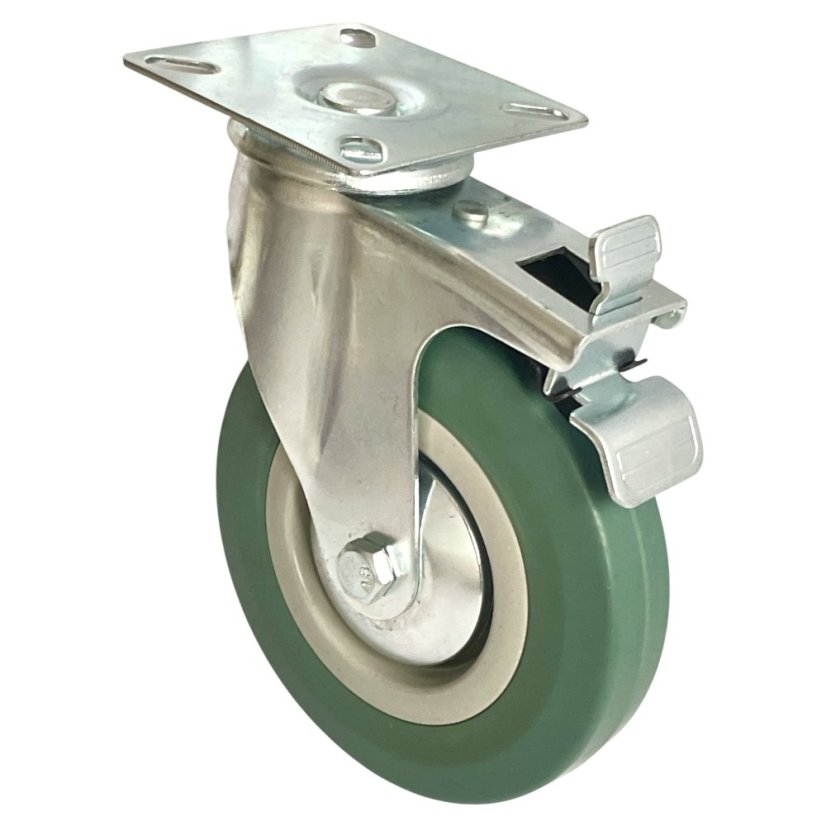 Otočné pojezdové kolo s brzdou d125/80kg, šedý kaučuk, kluzné ložisko