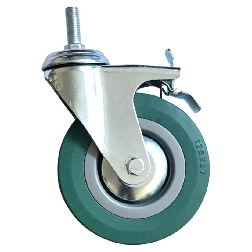 Otočné pojezdové kolo s brzdou d125/80kg, šedý kaučuk, kluzné ložisko, čep M12