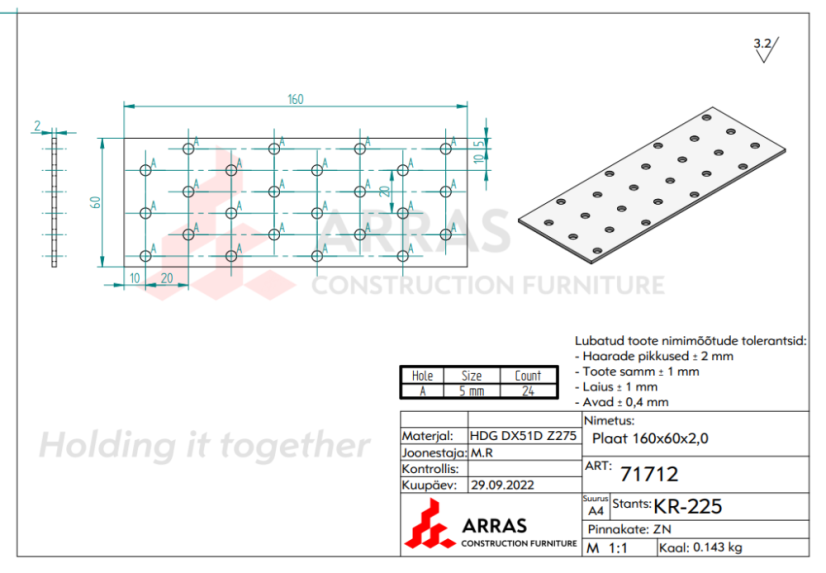 PP6 / PP9 Destička perforovaná 60x160x2mm tesařská spojka děrovaná pozinkovaná CE