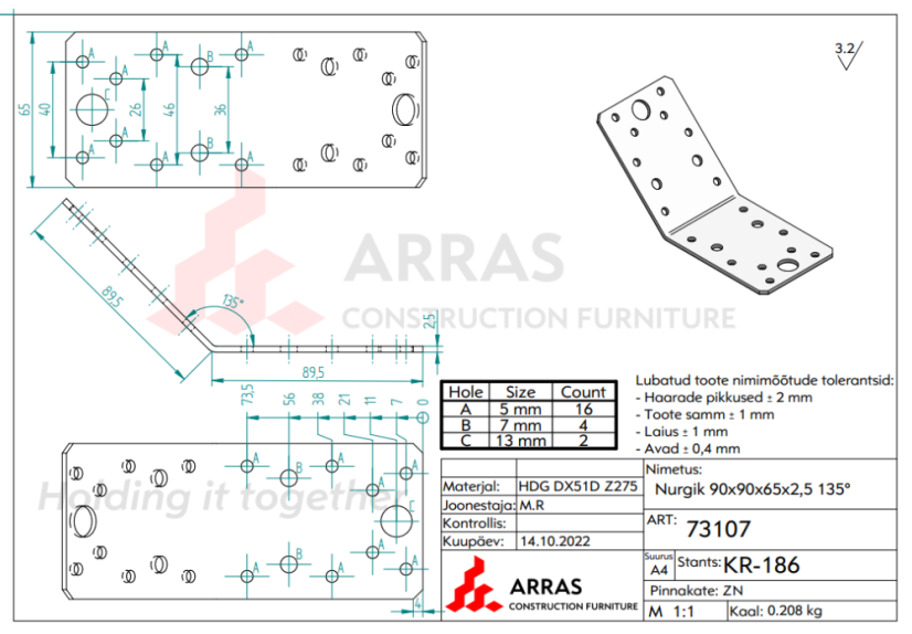 KLR 3 Úhelník spojovací 135° 90x90x65x2,5