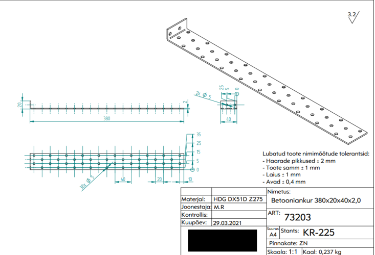 KK3 Úhelník kotevní 380x20x40x2mm