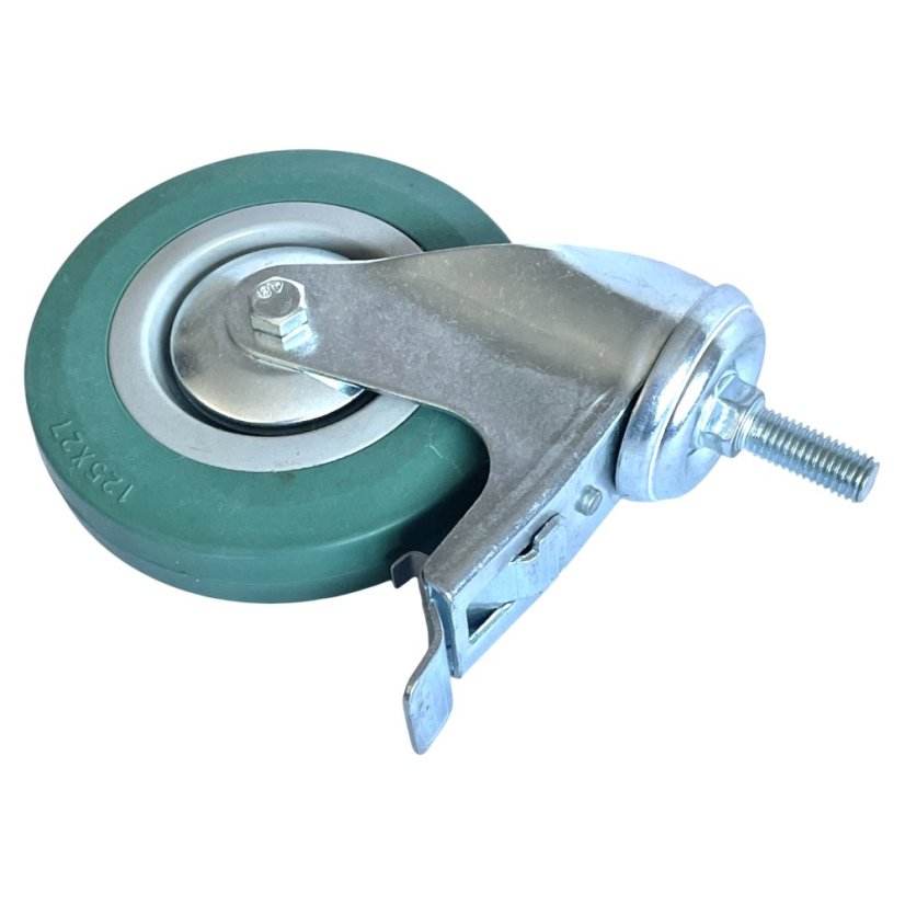 Otočné pojezdové kolo s brzdou d125/80kg, šedý kaučuk, kluzné ložisko, čep M12