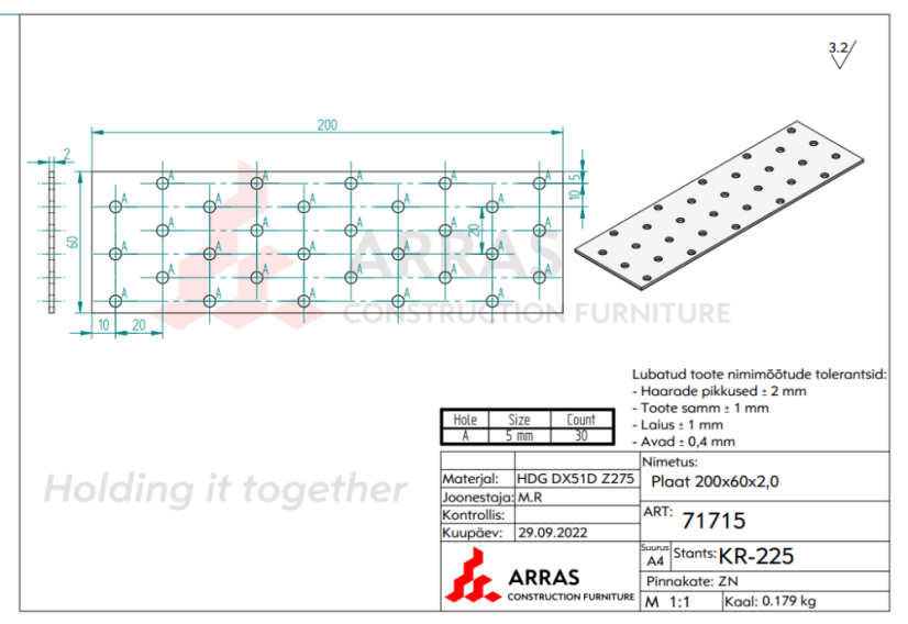 PP7 / PP10 Destička perforovaná 60x200x2mm tesařská spojka děrovaná pozinkovaná CE