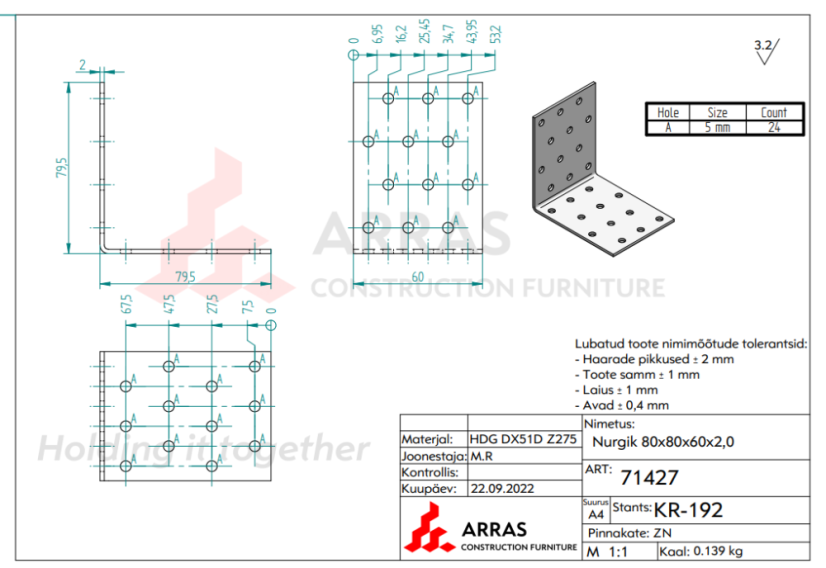 KM8 / KM12 Úhelník montážní tesařský 80x80x60x2mm