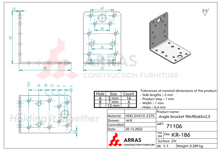 KL 4/ KL 9 Kątownik łącznikowy ciesielski 90x90x65x2,5mm