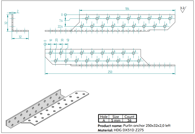 Trámová spojka levá LK5-L 250x32x2mm