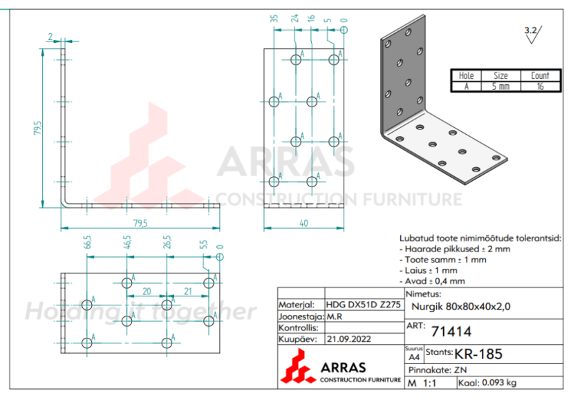 KM7 / KM 11 Úhelník montážní tesařský 80x80x40x2mm