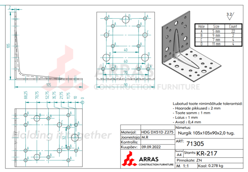 KPL 2 Stavební Úhelník tesařský s prolisem 105x105x90x2mm
