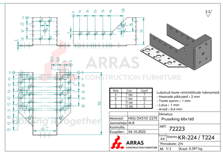 Wb60-160 Trámová botka otevřená tesařský třmen 60x160x2.0mm