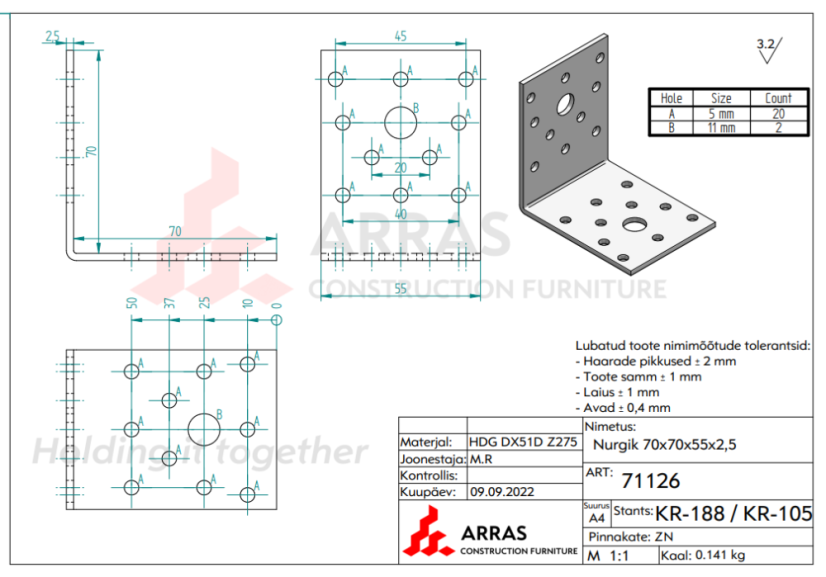 KL 2/ KL 8 Úhelník spojovací tesařský 70x70x55x2,5mm
