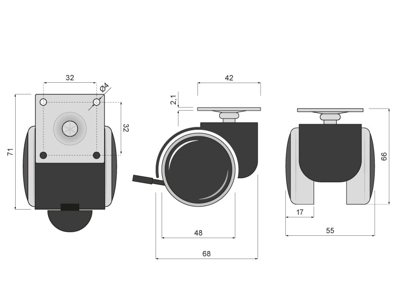 Kolečko otočné d50 s montážní deskou, pogumované s brzdou