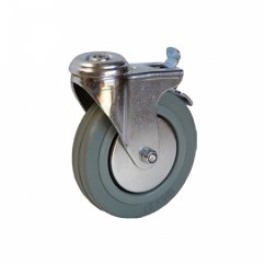 Otočné pojezdové kolo s brzdou d125/80kg, šedý kaučuk, kluzné ložisko, s dírou pro čep